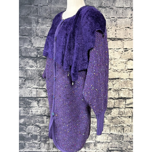 Vintage Purple‎ Tweed Knit Sweater Womens Large Beaded Dolman Cardigan Cape 80s - Picture 4 of 16